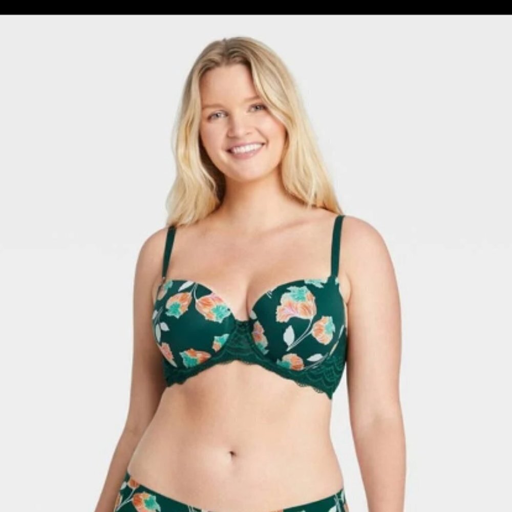 AUDEN Bra Green Floral Daydream Demi Underwire Light Lift Lace Womens